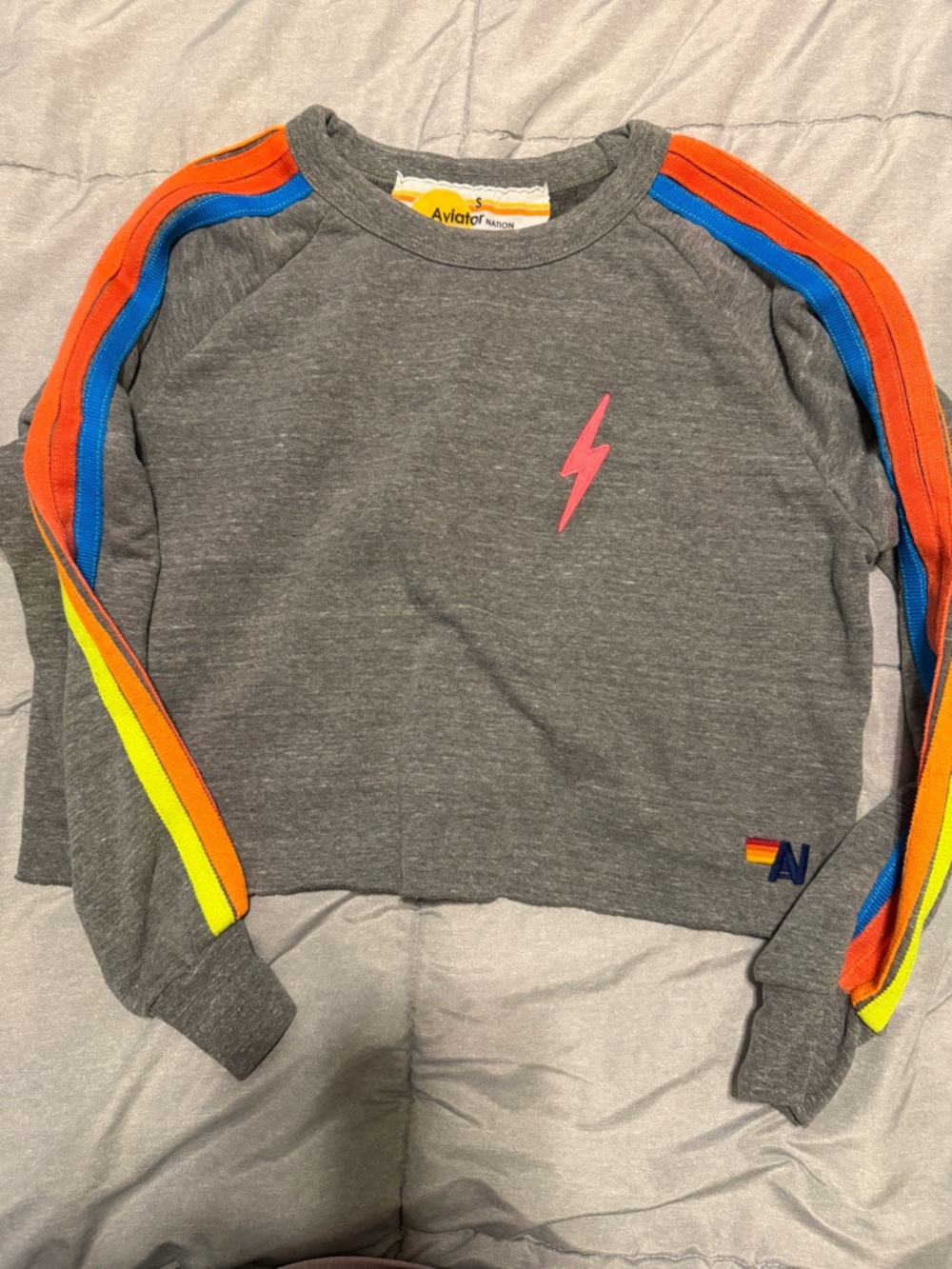 Aviator Nation Gray Cropped Sweatshirt with Five Stripe - Picture 2 of 9